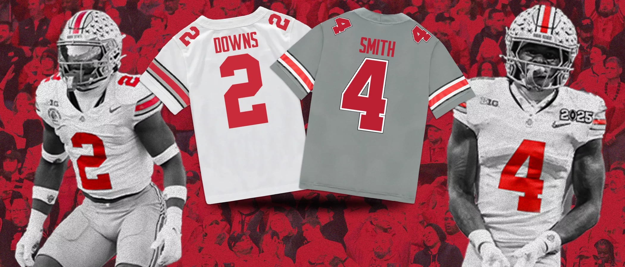 A scarlet-toned background of a stadium of fans. in the foreground, there are two jerseys, one white (No. 2 Downs) and one gray (No. 4 Smith.) there are also 1 cut out photo of each player respectively.